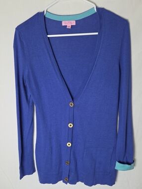 Lilly Pulitzer Iris Blue V-Neck Heidi Cardigan with Aqua Trim Pockets Medium